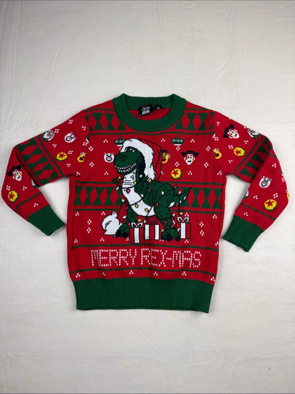 Disney Toy Story Red Green T-Rex Christmas Crewneck Sweater Size 2T